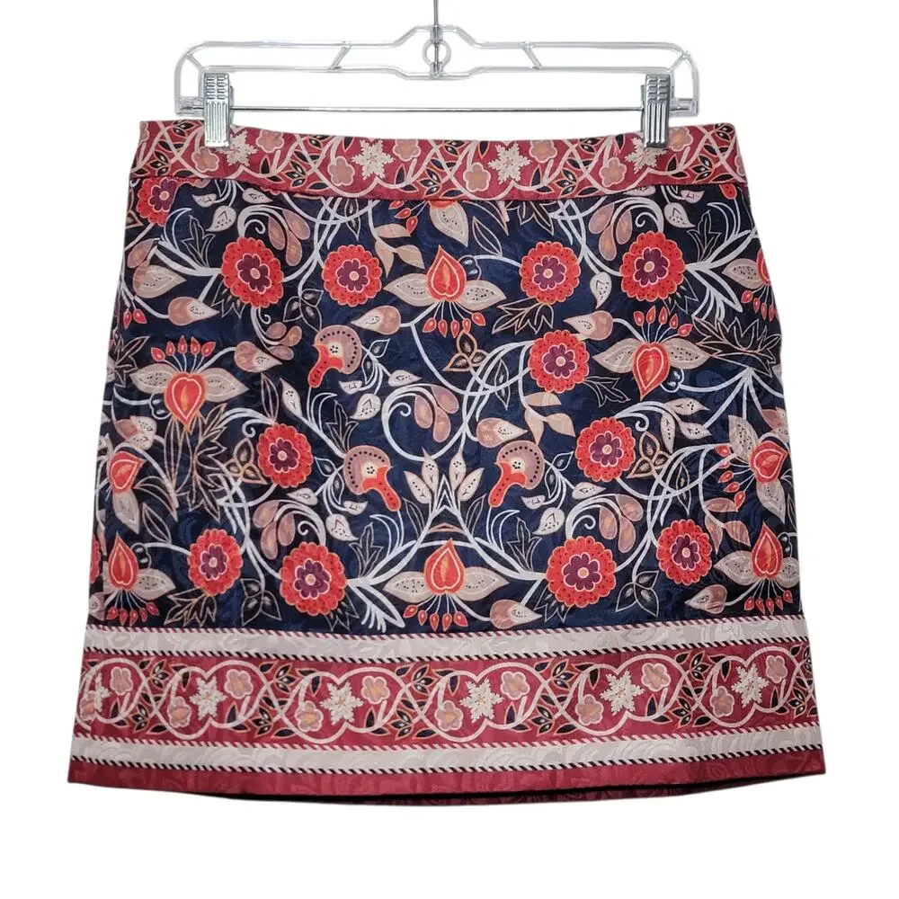 Tory Burch Floral Mini Skirt Blue Red Cotton Blend Pockets XL Resort